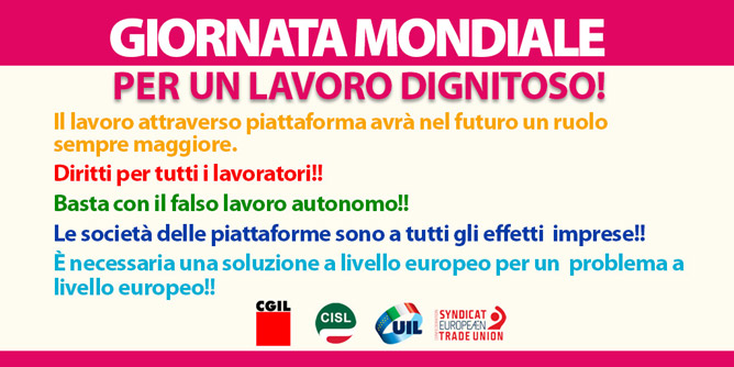 Cgil, Cisl, Uil, celebrano giornata mondiale lavoro dignitoso